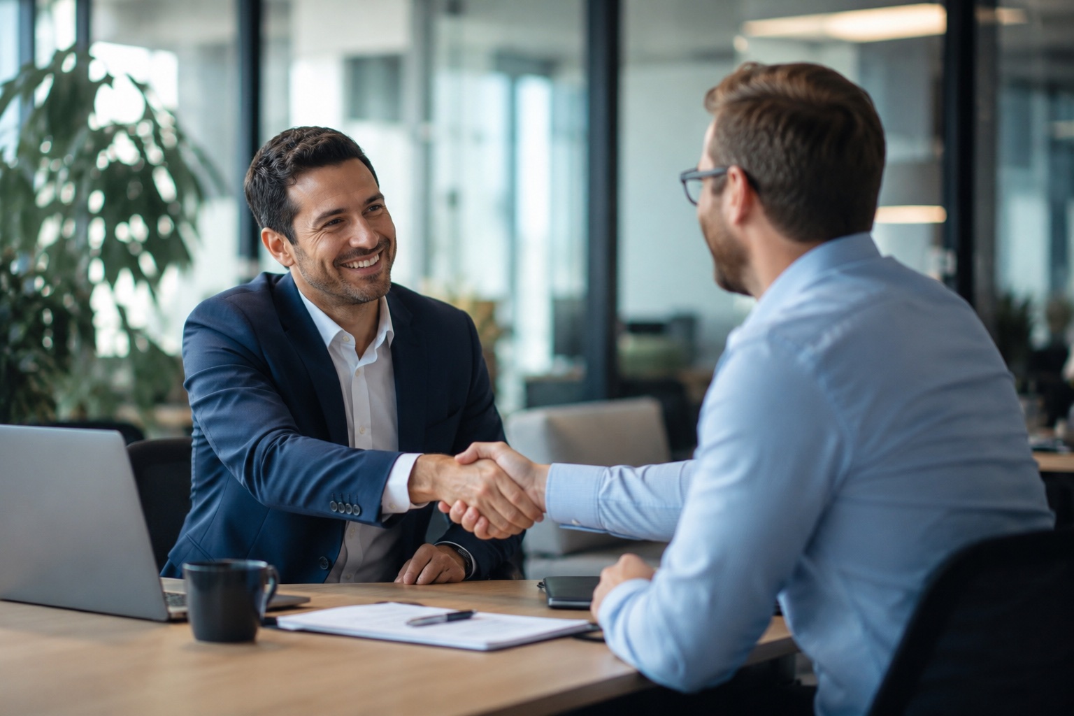 A RUTE consultant and a client shaking hands across a desk at the start of an engagement