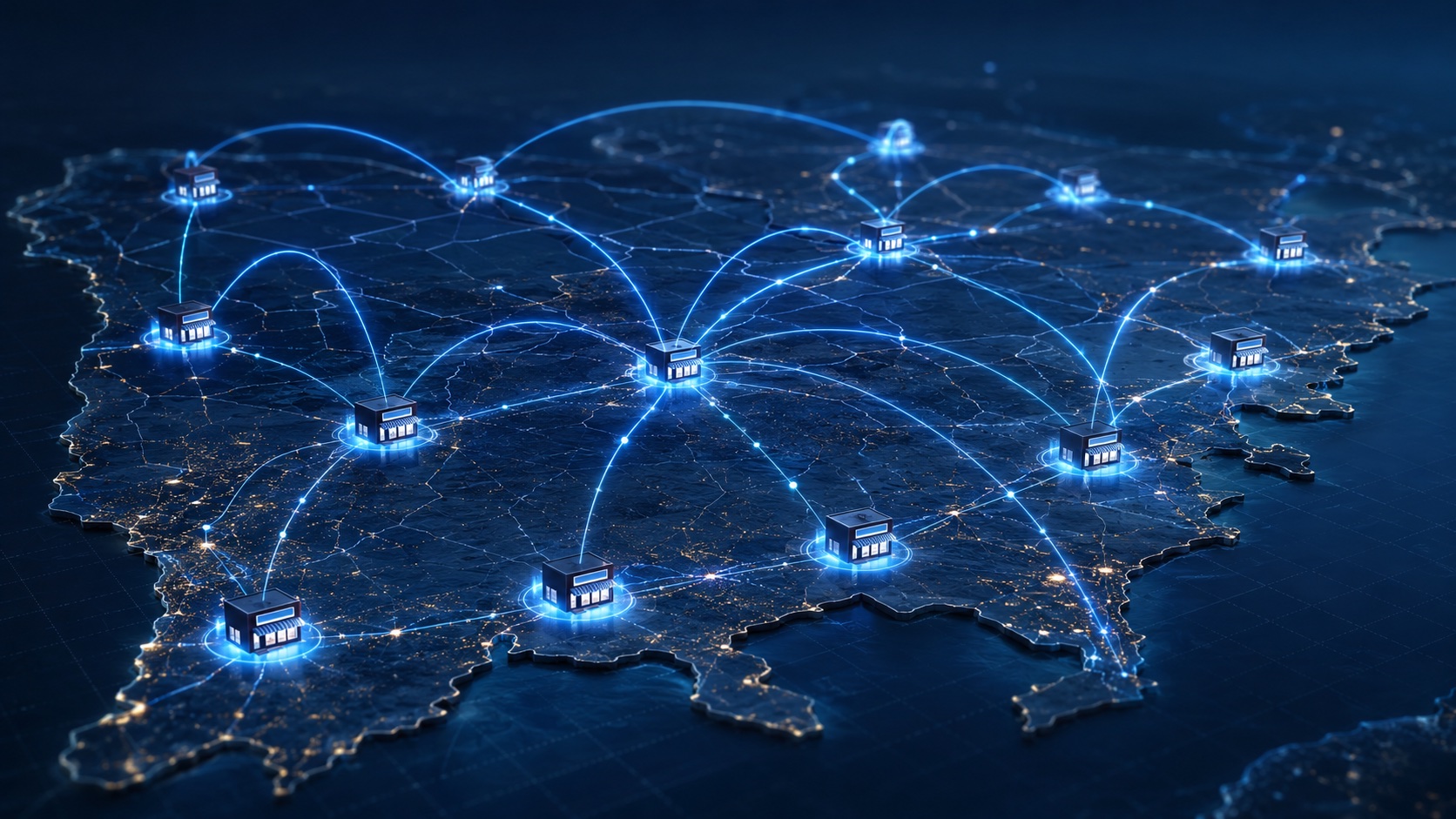 Stylized map showing multiple sites connected by glowing network links
