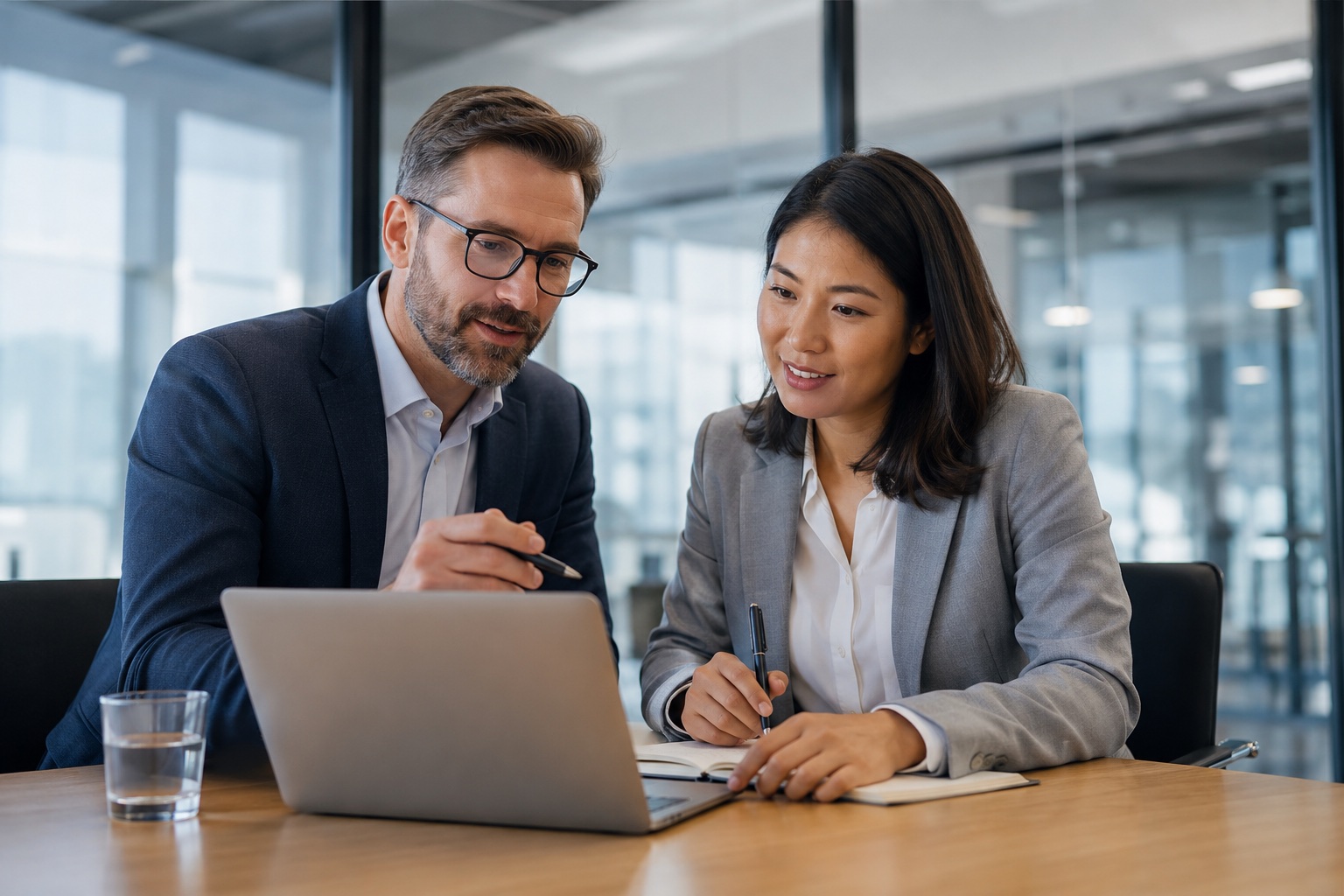 Two professionals reviewing work together on a laptop during a focused working session